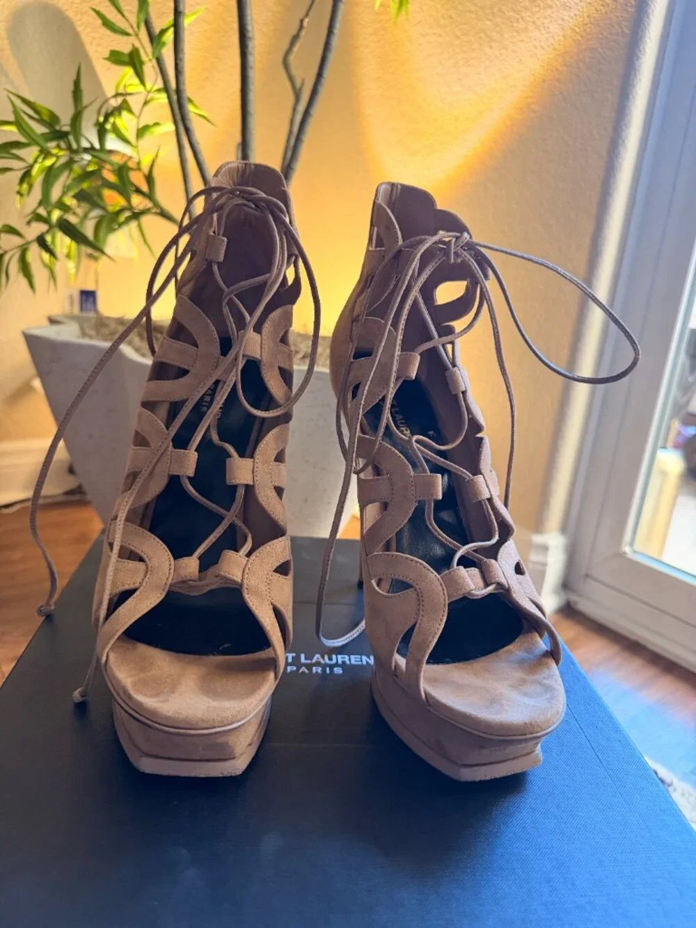 Saint Laurent Paris Suede Lace-Up Platform Heels Nude Beige Size 40 w/ Box - Picture 2 of 8
